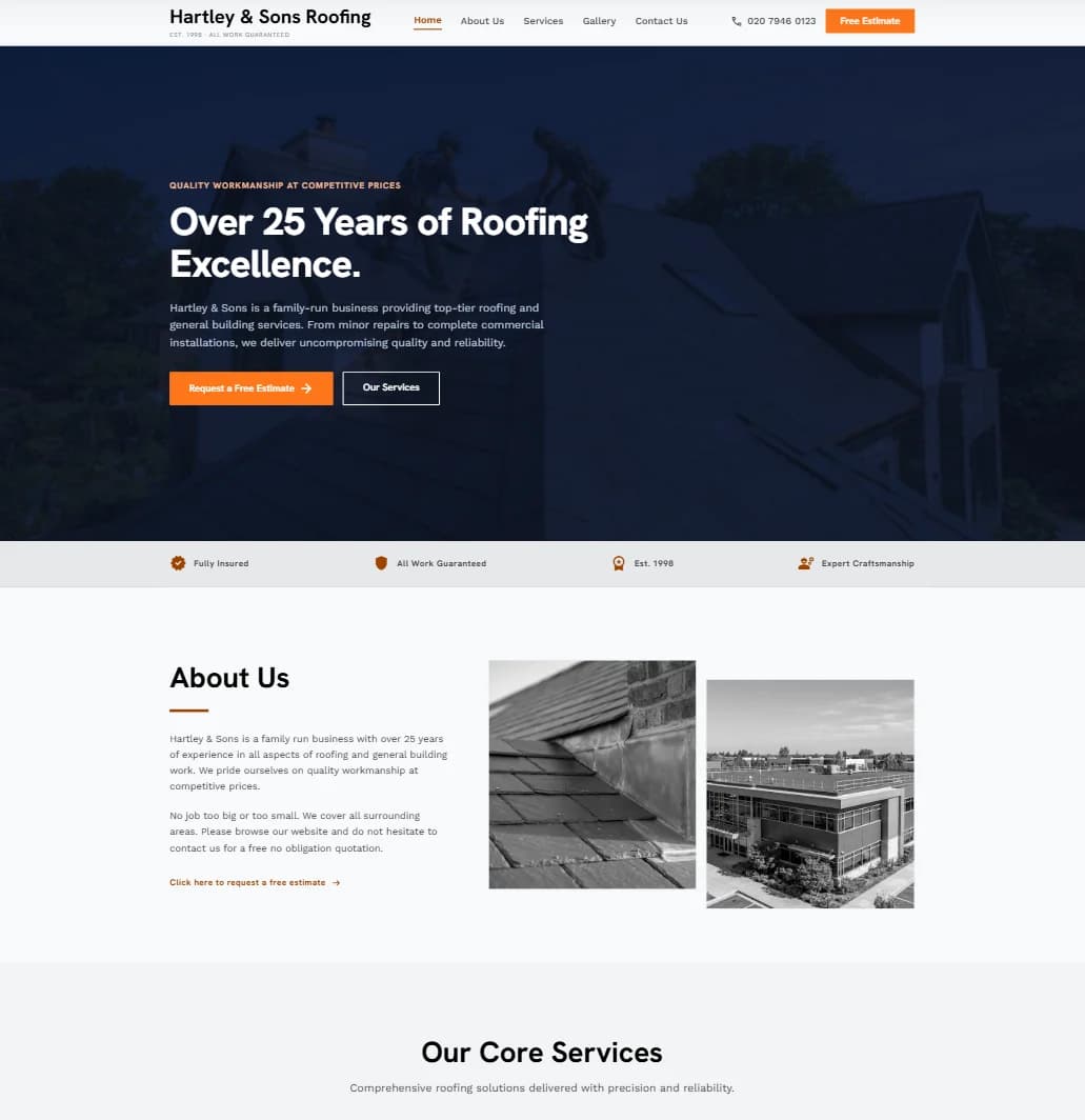 The same roofing business rebuilt, with a phone number and estimate button in the header and guarantee badges under the hero.