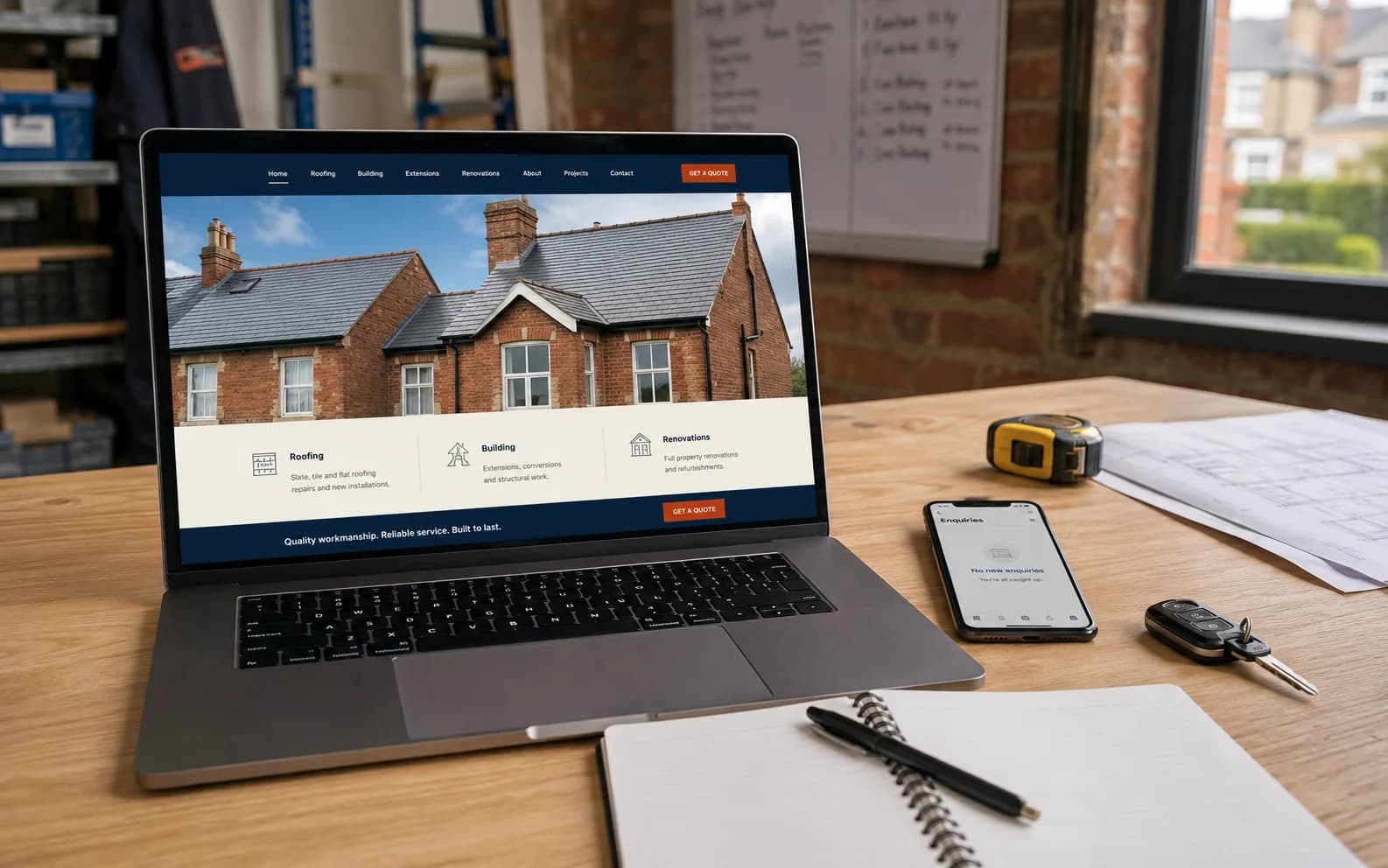 A builder's website open on a laptop beside a phone showing no new enquiries.