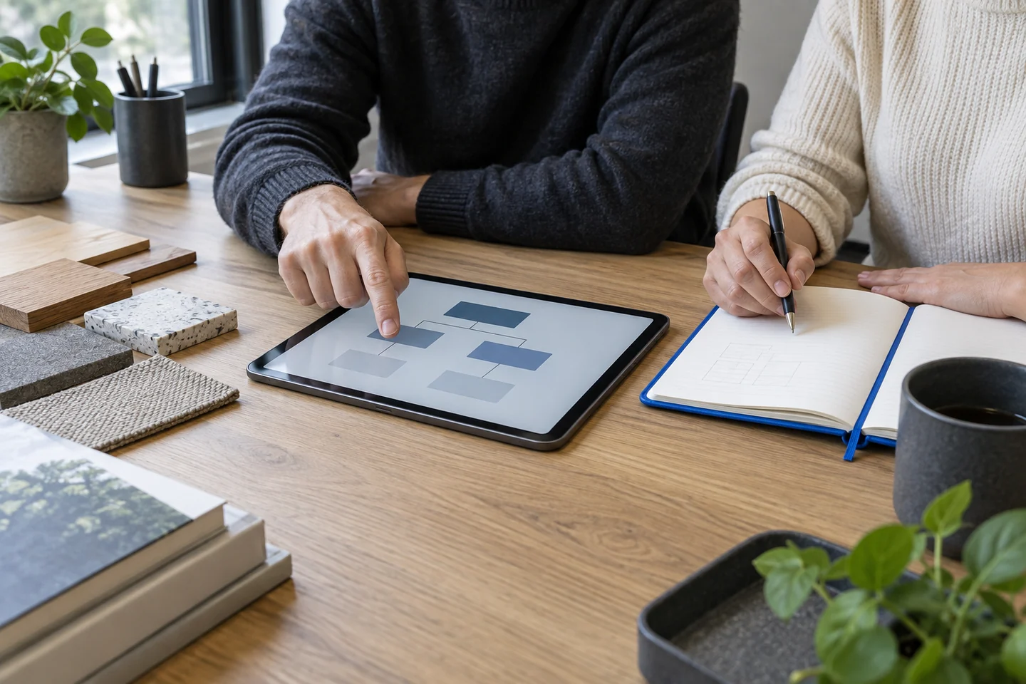 Two people planning a workflow on a tablet at a wooden table.