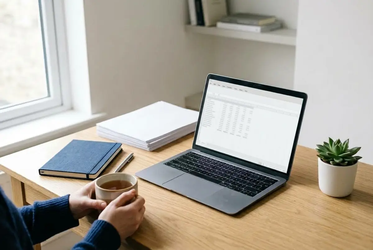 A tidy desk with a laptop, a notebook and a cup of tea in soft daylight.