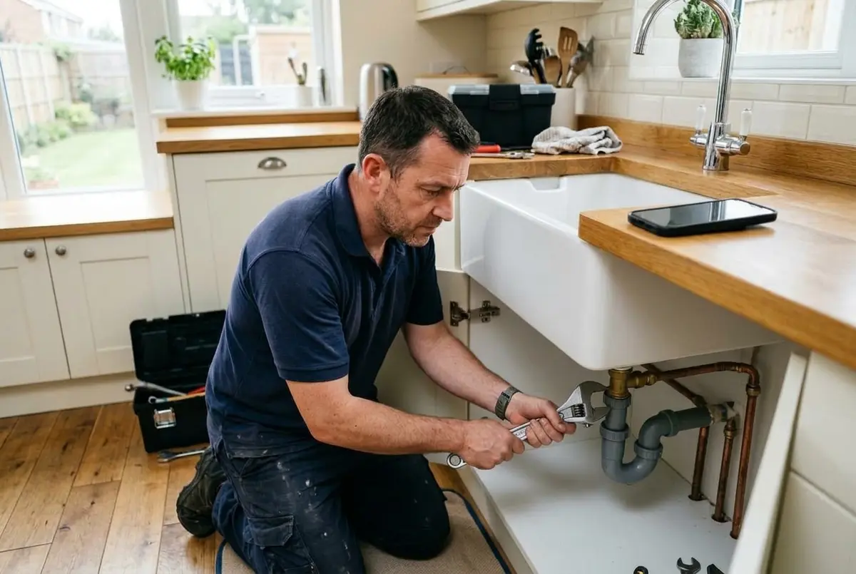 A plumber working under a kitchen sink while his phone sits on the worktop beside him.