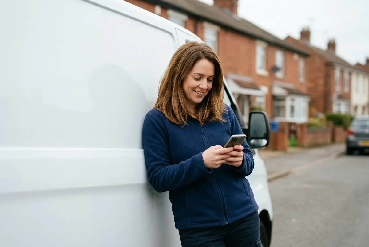 A small-business owner leaning against her van, smiling as she reads a message on her phone.