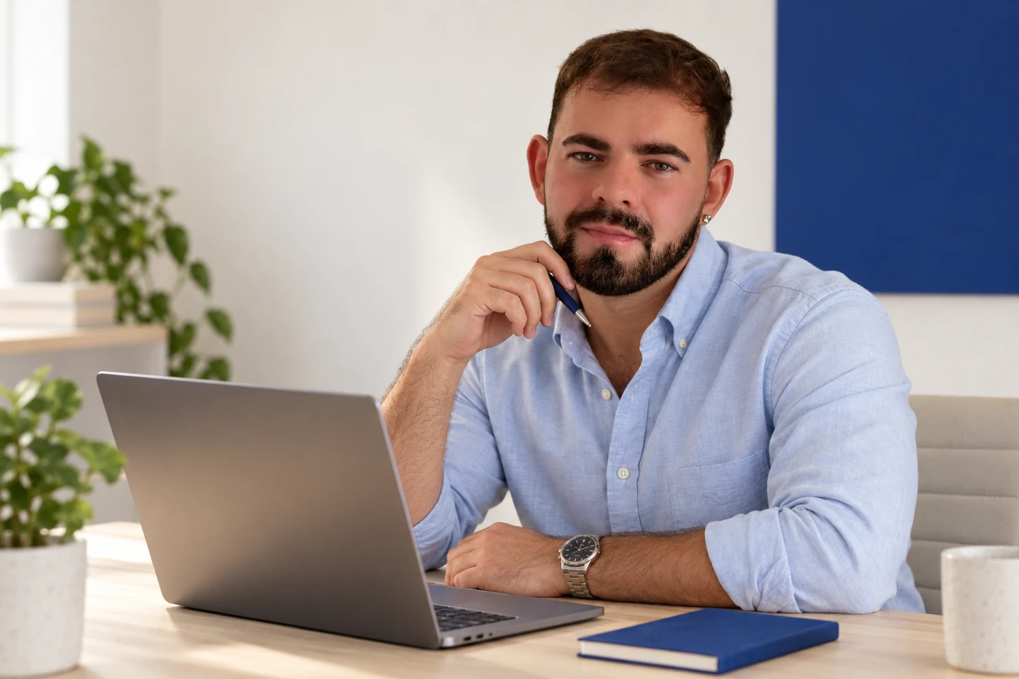 James Tandy in a blue shirt, working at a laptop with a notebook.