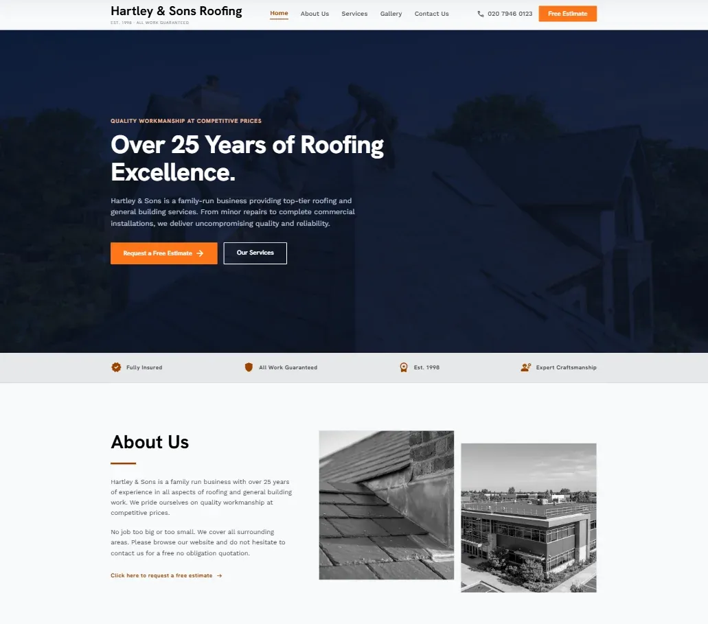 After: a rebuilt roofing website with a clear headline, a free estimate button and proof of insurance and guarantees.