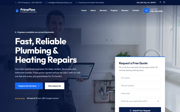 PrimeFlow Plumbing demo website homepage