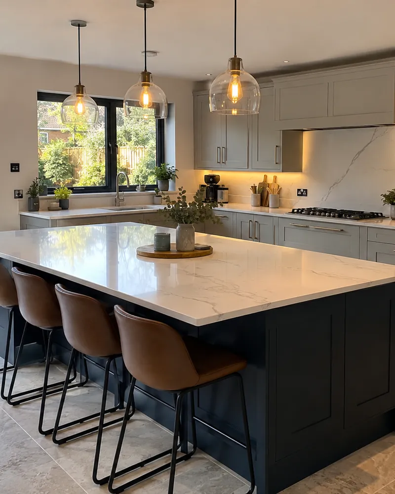 A newly fitted kitchen with grey shaker units, a marble-topped navy island and brass pendant lights