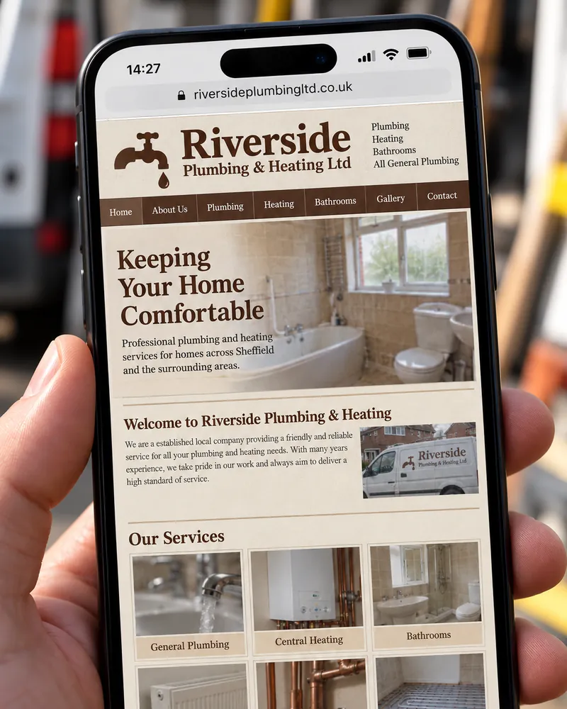 A phone showing a dated plumbing website with an old-fashioned design and small, cluttered photos