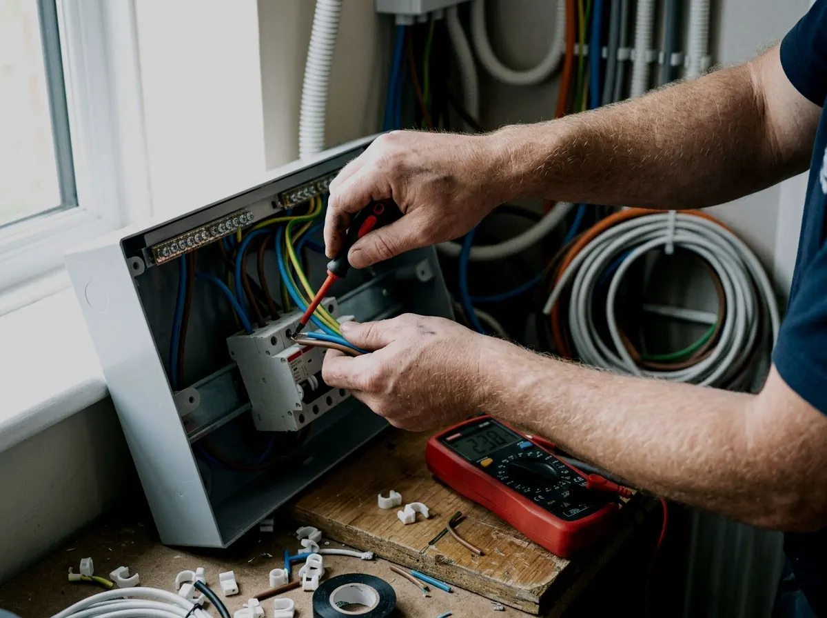 An electrician's hands wiring a consumer unit